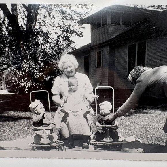Vintage Found Photo Grandma with Twins Baby Boys in Taylor Tot Strollers 40s - Picture 1 of 6